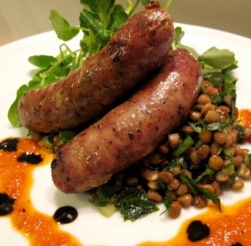 Mushroom & Lemon Lentils with Sausage and Roasted Red Pepper & Tabasco Sauce